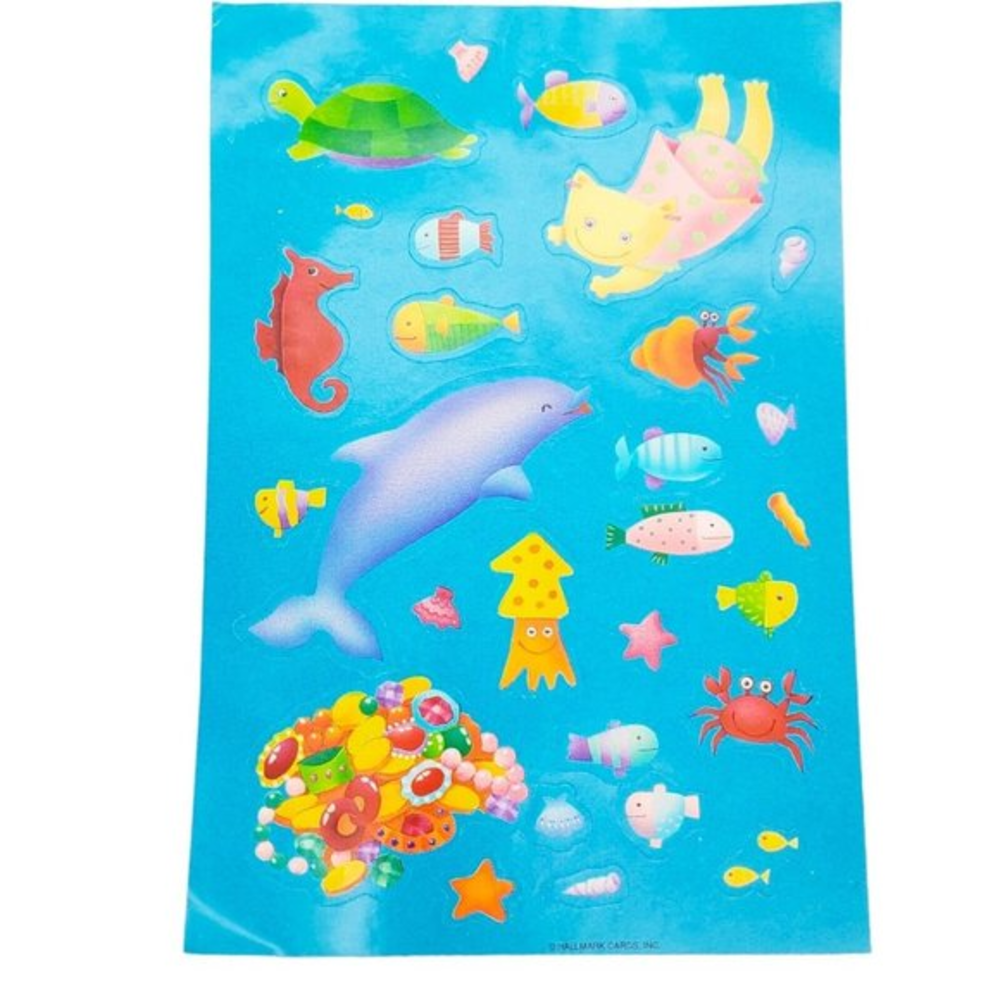 Vintage Hallmark Sticker Sheet Sea‎ Creatures Cat Dolphin Cute Happy Fish Turtle